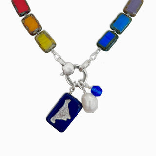 rainbow multicolor glass beaded charm holder necklace with Marthas vineyard island navy blue charm tiny pearl charm and tiny cobalt blue crystal charm