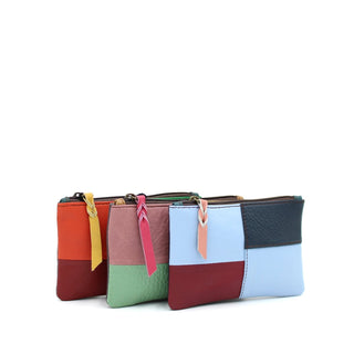 100% Recycled Leather Materials Zipper Pouch, Colorblock Light Blue Sage