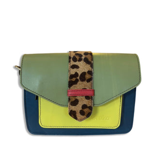 Recycled Leather Crossbody Bag, Reversible Flap Strap, Avocado Green & Navy