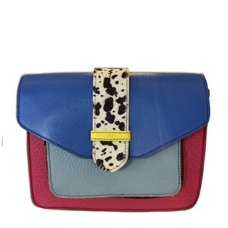 Recycled Leather Crossbody Bag, Reversible Flap Strap, Royal Blue & Mulberry