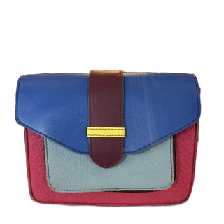 Recycled Leather Crossbody Bag, Reversible Flap Strap, Royal Blue & Mulberry