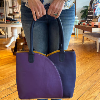 Blue and Purple Recycled Leather Reversible Tote Bag, Valeria