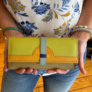 Color Block Recycled Leather Wallet, Avocado