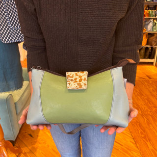 Recycled Leather Shoulder Bag, Light Blue & Green