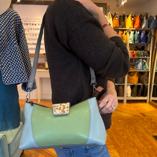 Recycled Leather Shoulder Bag, Light Blue & Green