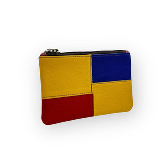 100% Recycled Leather Materials Zipper Pouch, Color Block Golden Yellow, Blue and Red