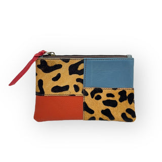 100% Recycled Leather Materials Zipper Pouch, Cheetah Print Blue / Red