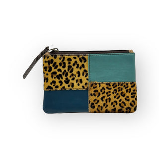 100% Recycled Leather Materials Zipper Pouch, Cheetah Print Teal / Navy