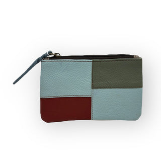 100% Recycled Leather Materials Zipper Pouch, Colorblock Light Teal
