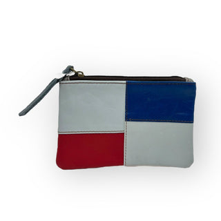 100% Recycled Leather Materials Zipper Pouch, Colorblock Light Blue, Rich Blue and Red