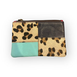 100% Recycled Leather Materials Zipper Pouch, Cheetah Print Navy / Turquoise