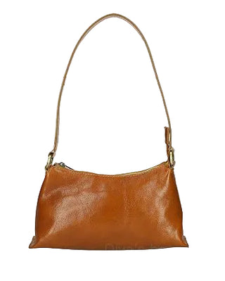 Brown leather handbag with a strap on a white background