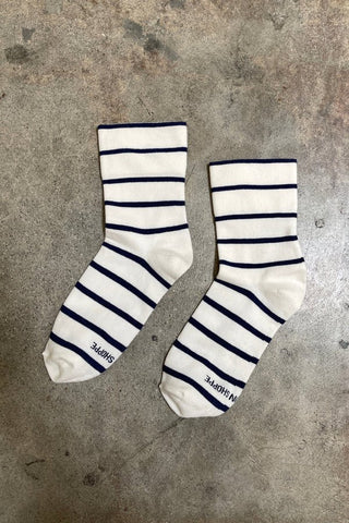 Ivory & Navy Striped Cotton Ankle Socks