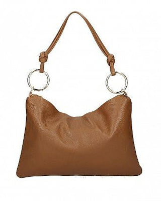 Brown leather handbag with a strap on a white background