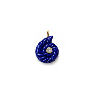 Nautilus shell Pendant with a lapis gemstone and white topaz accents on a white background