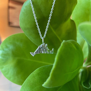 Martha's Vineyard Pendant Necklace in Sterling Silver on Chain in front of a green leaf background