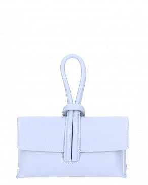 Soft Blue leather handbag with a strap on a white background