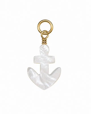 White anchor-shaped pendant with gold chain on a white background