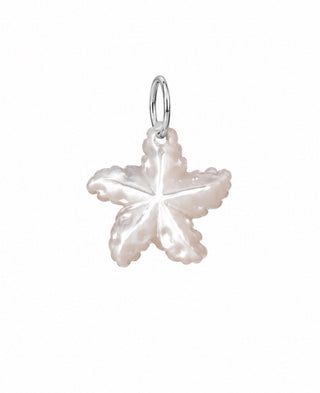 A five-pointed starfish-shaped charm made of iridescent white mother-of-pearl with a polished silver-tone loop at the top, shown against a plain white background.