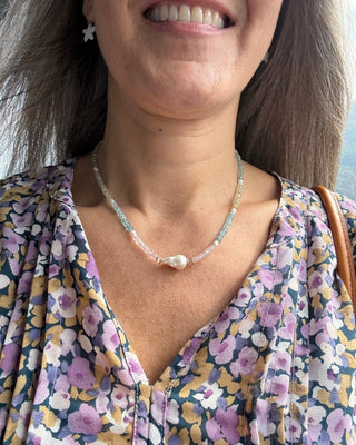 Multi aquamarine necklace with baroque pearl