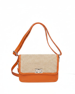 Orange handbag with a woven pattern on a white background