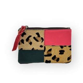 100% Recycled Leather Materials Zipper Pouch, Cheetah Print Pink / Dark Green
