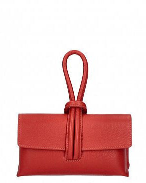 Red leather handbag with a strap on a white background