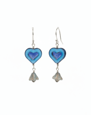 Sky Blue Heart Dangle Earrings with Silver ear wire on white background