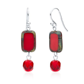 Red Glass Beaded Crystal Dangle Earrings