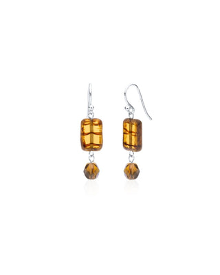 Amber Tortoise brown glass and crystal sterling silver earrings on white background