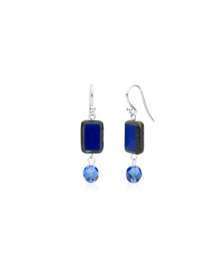 Royal Blue glass and crystal sterling silver earrings on white background