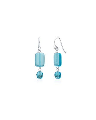 Seaglass blue crystal and glass sterling silver earrings on white background