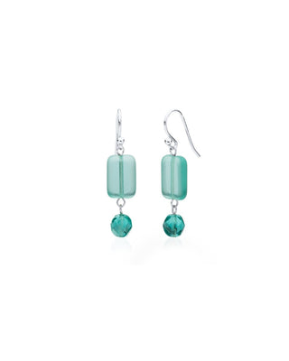 Seaglass teal glass and crystal sterling silver earrings on white background