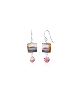 Glass and crystal purple and white sterling silver earrings on white background