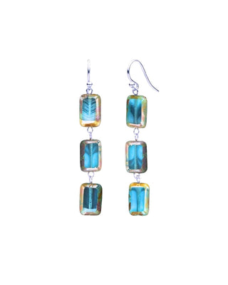 Teal Swirl Glass Rectangle Beaded Drop Earrings