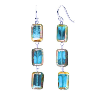 Teal Swirl Glass Rectangle Beaded Drop Earrings