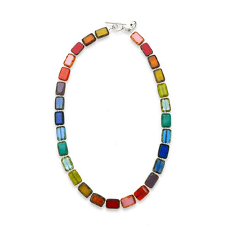 Rainbow Multicolor Glass Beaded Necklace Sterling Silver on White background