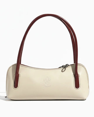 White leather baguette handbag with brown straps