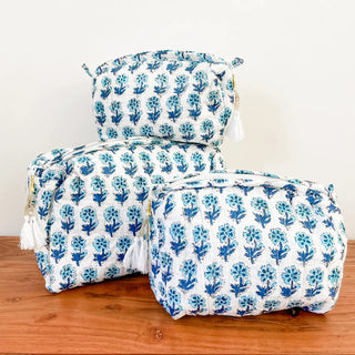 Blue Daisy Block Print Pouch, Medium