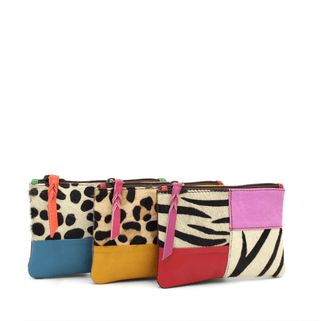100% Recycled Leather Materials Zipper Pouch, Zebra Print Yellow / Purple