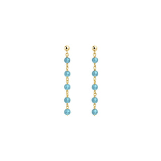 gold fill stud drop earrings with a beaded apatite blue gemstone chain on white background