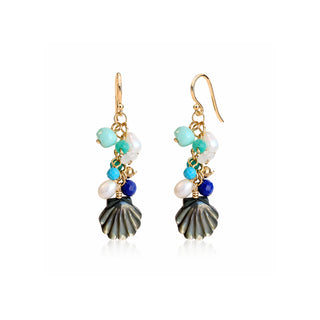 Gemstone & Mother of Pearl Scallop Shell Cluster Earrings