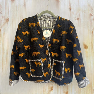 Black Block Printed Cheetah Reversible Handmade Quilted Jacket