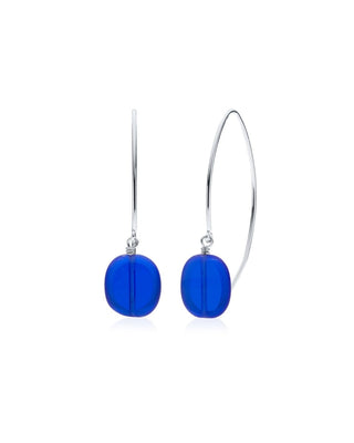 Cobalt Glass Oval Drop Sterling Silver Wishbone Earrings