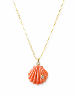 Necklace with a Coral Scallop Shell Pendant inlayed with gemstones on white background