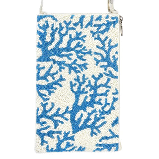Beaded Coral Branch Crossbody Bag, Blue & White