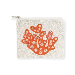 Orange White Coral Beaded Coin Zipper Pouch on White background