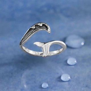 Wave and Whale Tail Adjustable Ring, Sterling Silver