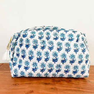 Blue Daisy Block Print Pouch, Large