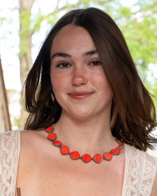 Coral Beaded Necklace, Large Circle Glass Beaded Necklace